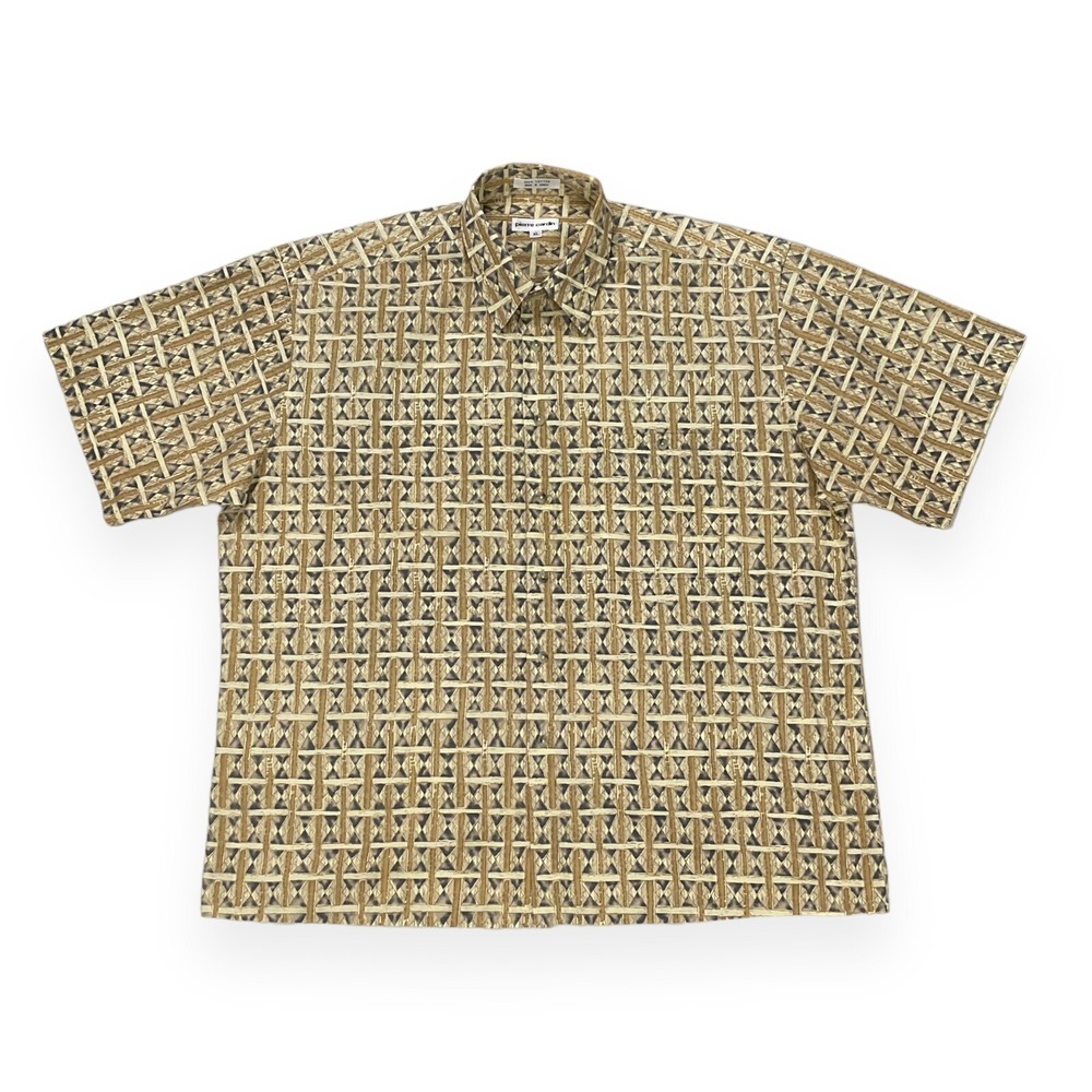 Pierre Cardin Shirt Men XL Brown Multicolor Short Sleeve Button Down‎ Camp VTG